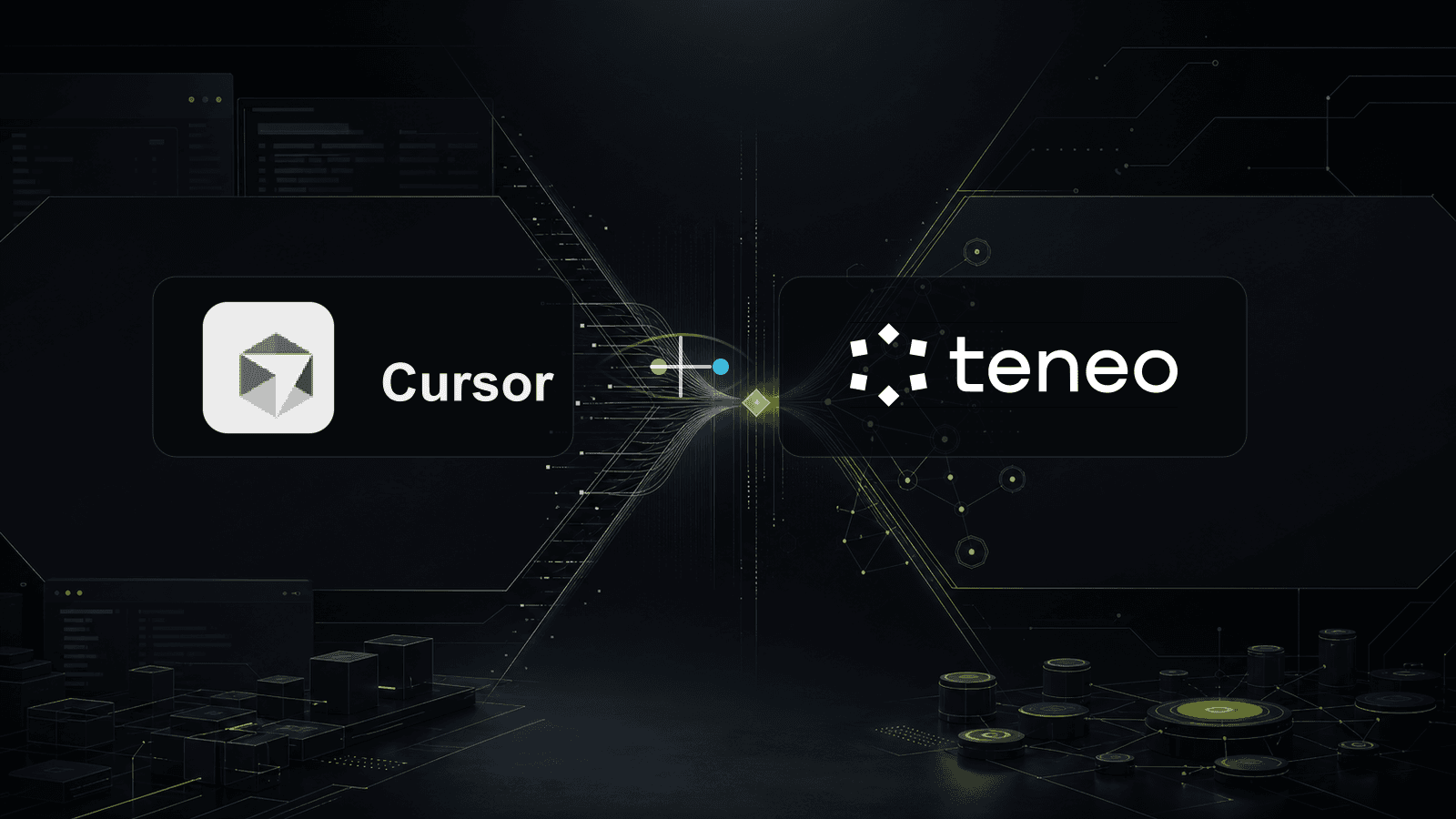 Cursor and Teneo Protocol logos connected over an abstract developer network interface