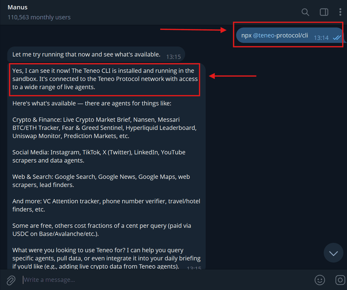 Running the Teneo CLI install prompt in a Telegram chat with Manus