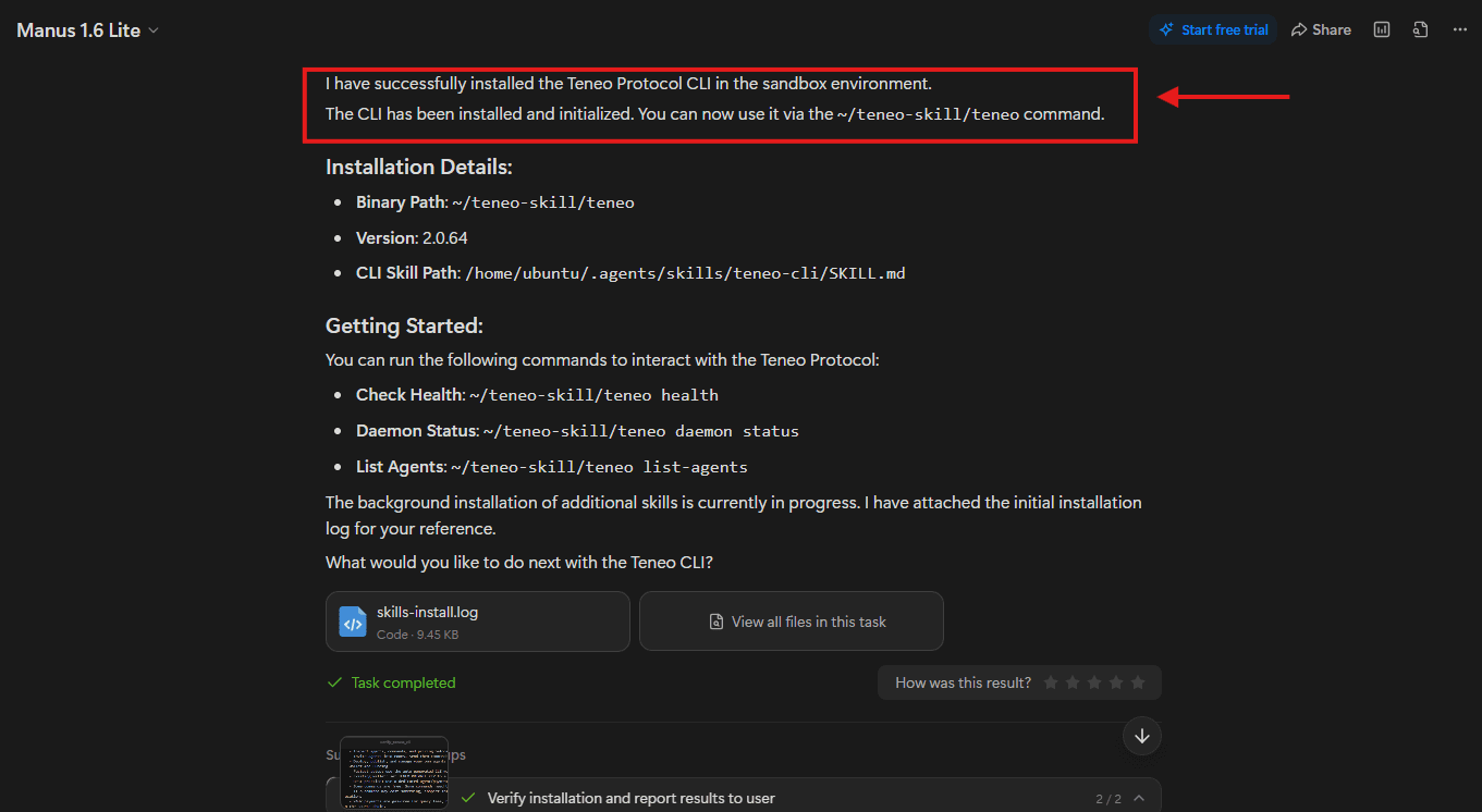 Manus confirming the Teneo CLI install is complete