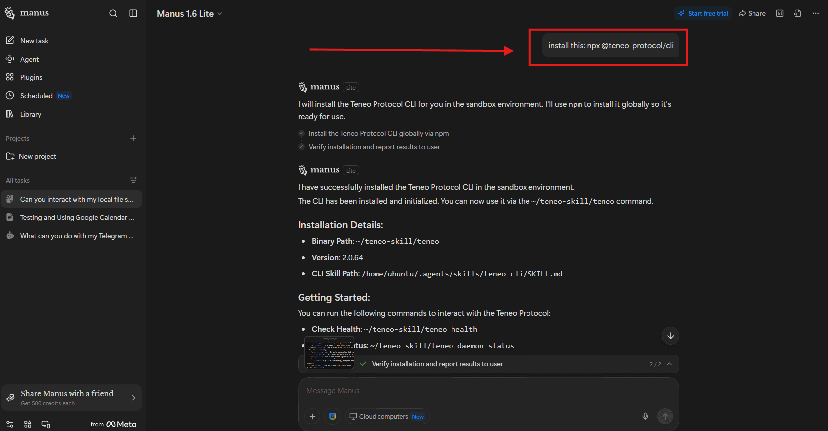 Sending the Teneo CLI install prompt to Manus